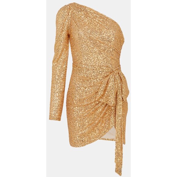 Mac Duggal Gold Sequined One Shoulder Draped Side Bow Mini Dress Size12 New - Picture 11 of 16